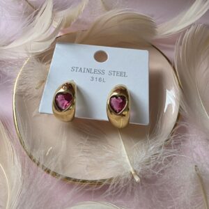 Ohrringe ,,Golden Heart Sparkle“- Edelstahl 316L mit pinken Kristall